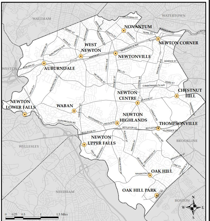Map of Newton villages including Auburndale, West Newton, Waban, Newton Centre, Newton Highlands, Newtonville, Nonantum, Newton Corner, Chestnut Hill, Thompsonville, Newton Upper Falls, Newton Lower Falls, Oak Hill, and Oak Hill Park
